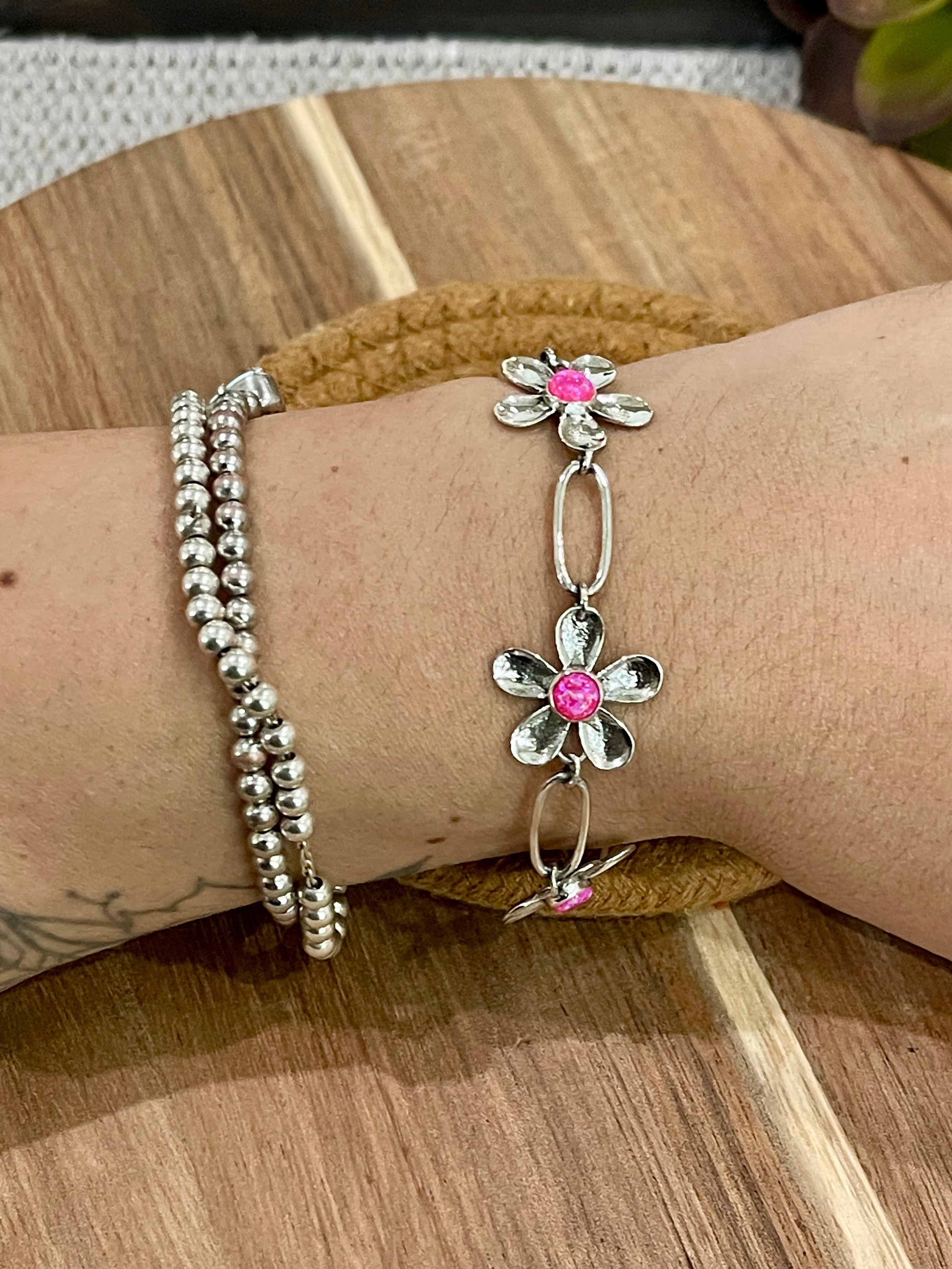 Handmade Sterling Silver & Pink Fire Opal Flower Bracelet